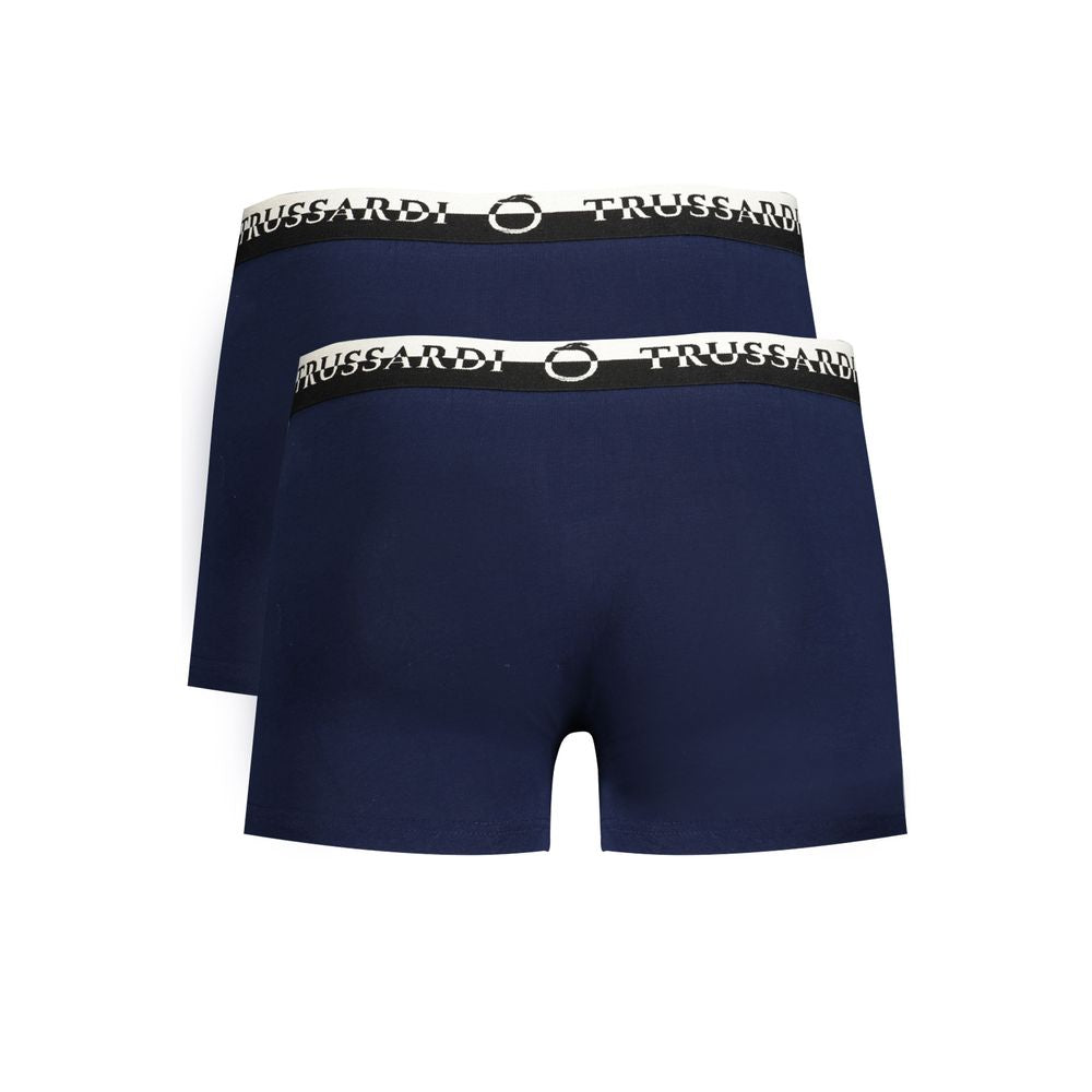 Trussardi blue cotton underwear bi-pack with logo print, featuring double elastic waistband and comfortable boxer fit.