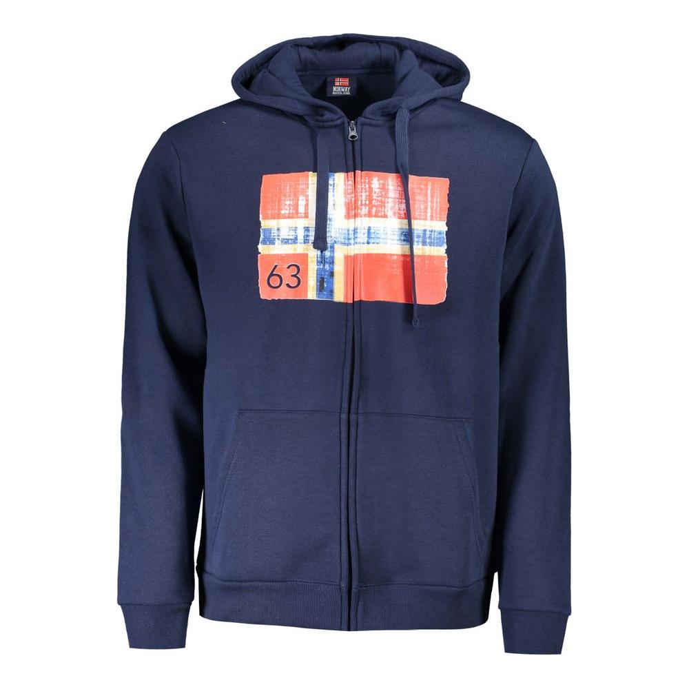 Norway 1963 blue cotton men’s hooded sweater with zip and flag design, featuring central pockets and stylish logo print.
