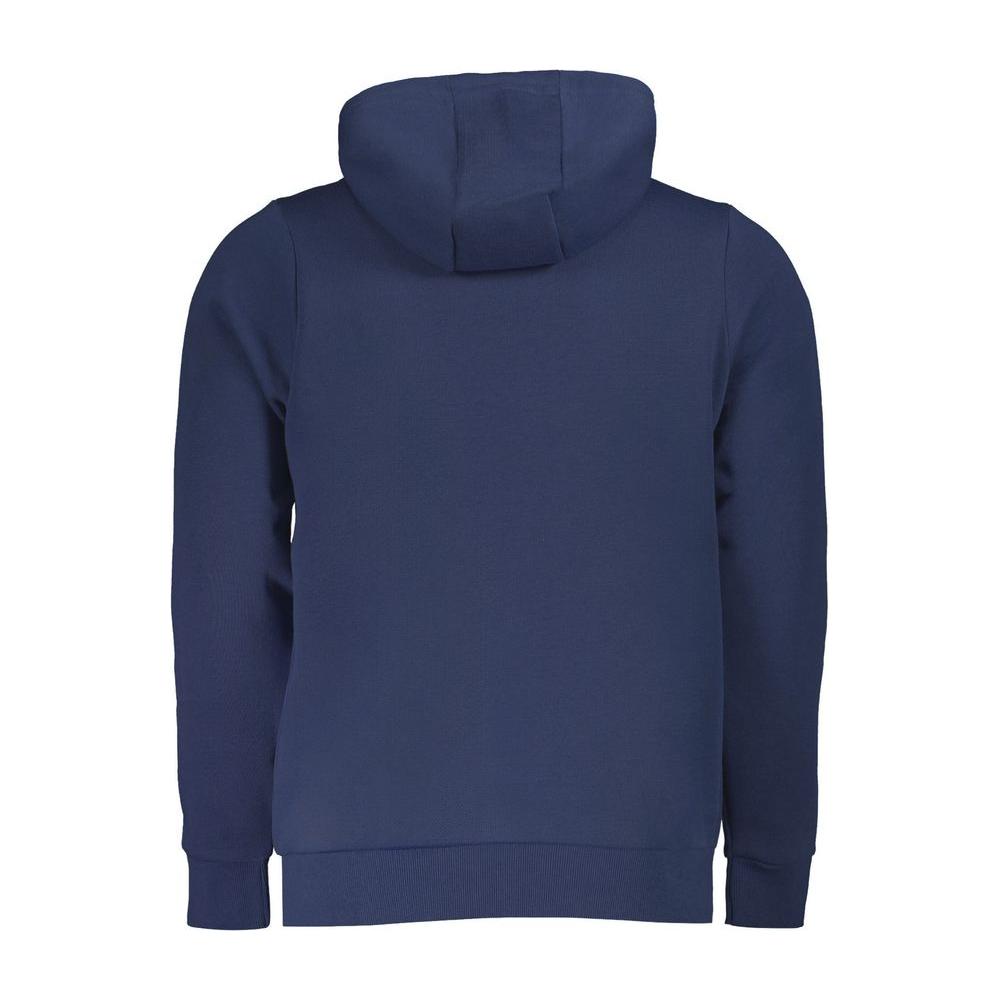 Back view of Norway 1963 blue cotton men's hooded sweater showcasing its cozy hood and classic style.