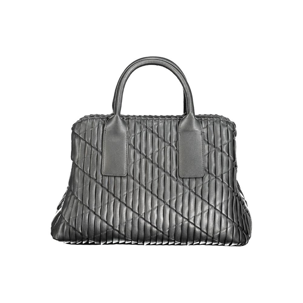 Valentino black polyethylene handbag with dual handles, removable chain, adjustable straps, multiple compartments, and logo detail.