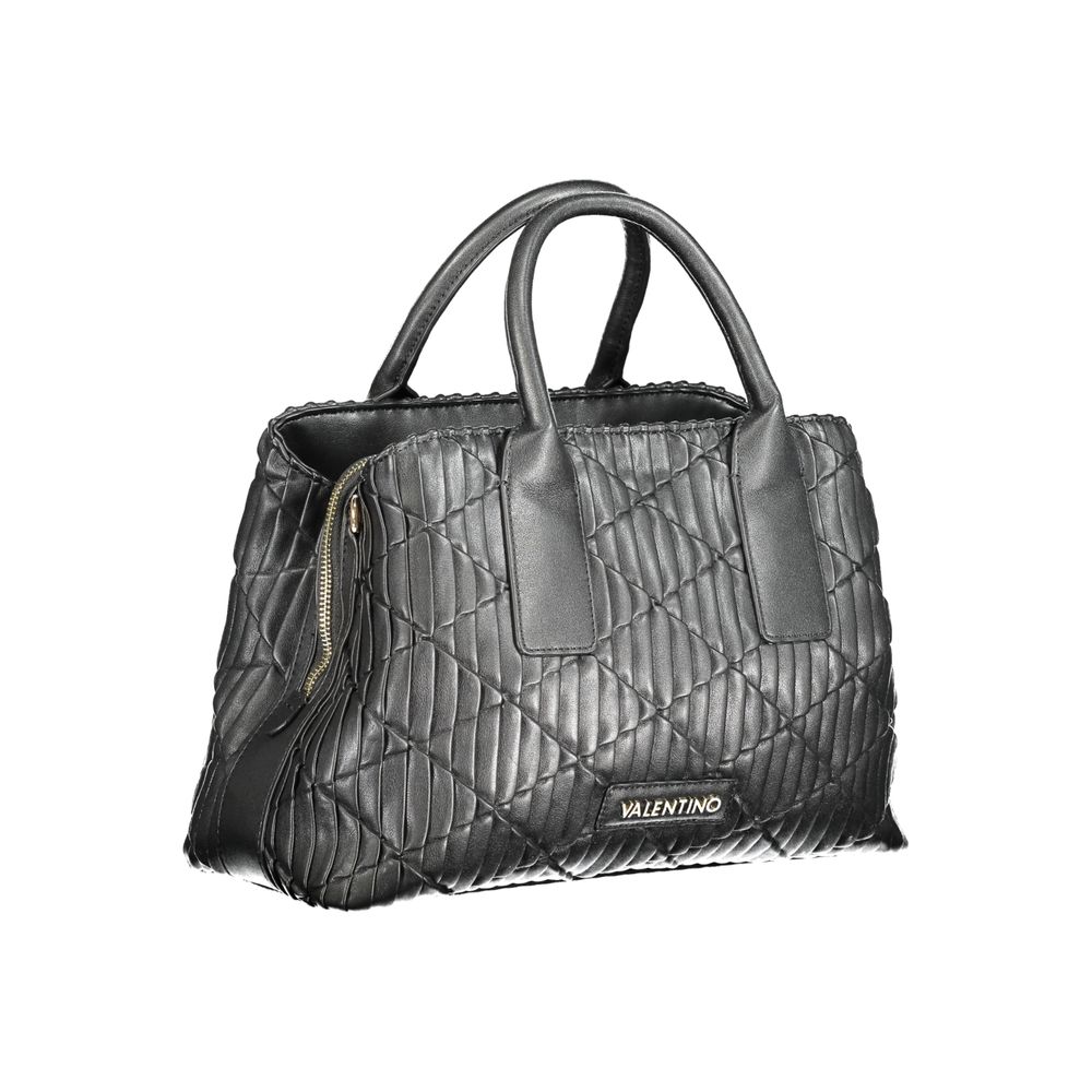 Valentino black polyethylene handbag with handles, removable chain, adjustable straps, and logo, featuring compartments and pockets.