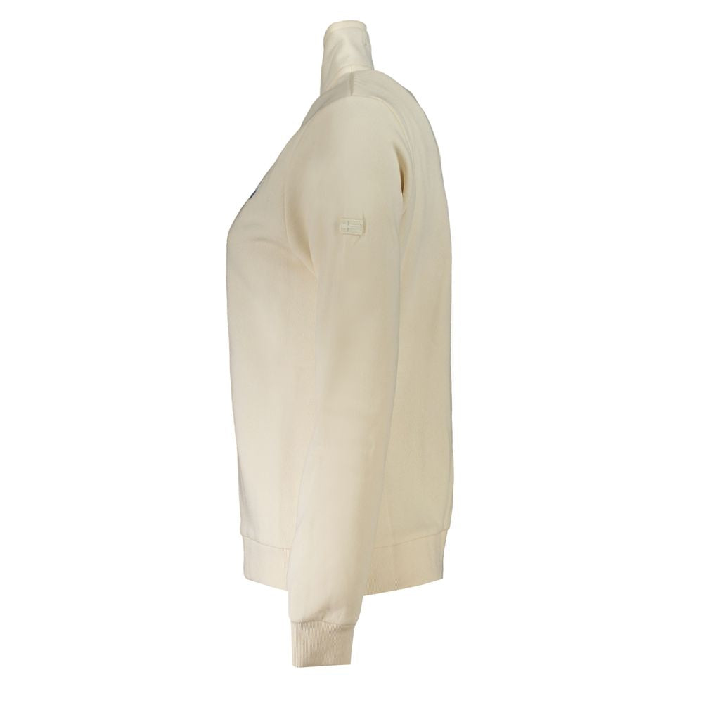 Side view of Norway 1963 beige cotton women sweater showcasing long sleeves and subtle detailing.
