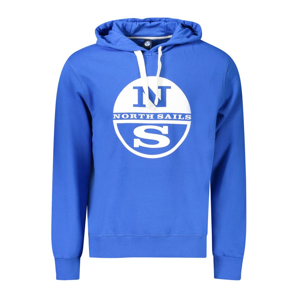 North Sails blue cotton men's sweater with a hood and large logo, perfect for casual wear with a brushed comfortable texture.