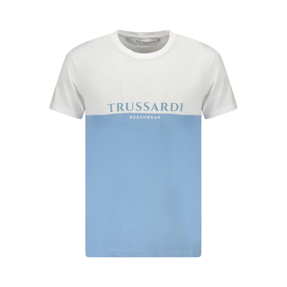 Trussardi light blue cotton men's T-shirt with two-tone design and logo print, short sleeves, crew neck, modern luxury fashion.