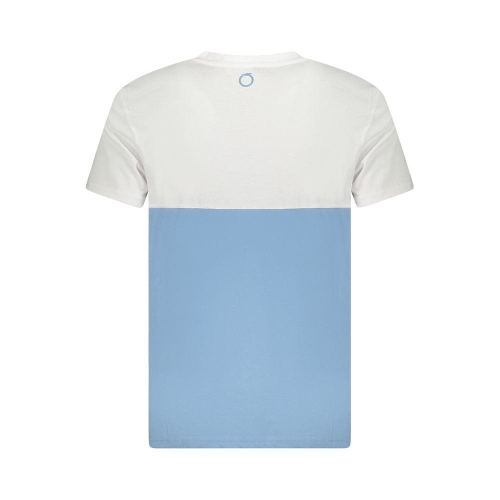 Trussardi light blue and white two-tone men's cotton T-shirt with bold logo and short sleeves, showcasing modern streetwear style.