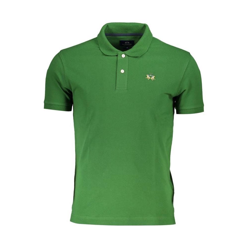 La Martina green cotton men's polo shirt with logo embroidery, slim-fit, short-sleeve, premium blend for durable comfort.