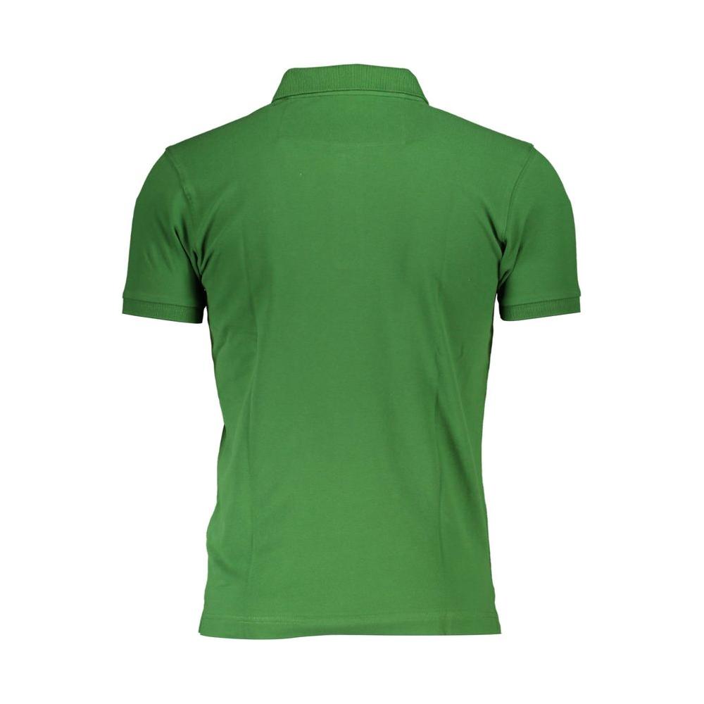 La Martina green cotton men's polo shirt, back view, showing slim-fit design with premium blend fabric.