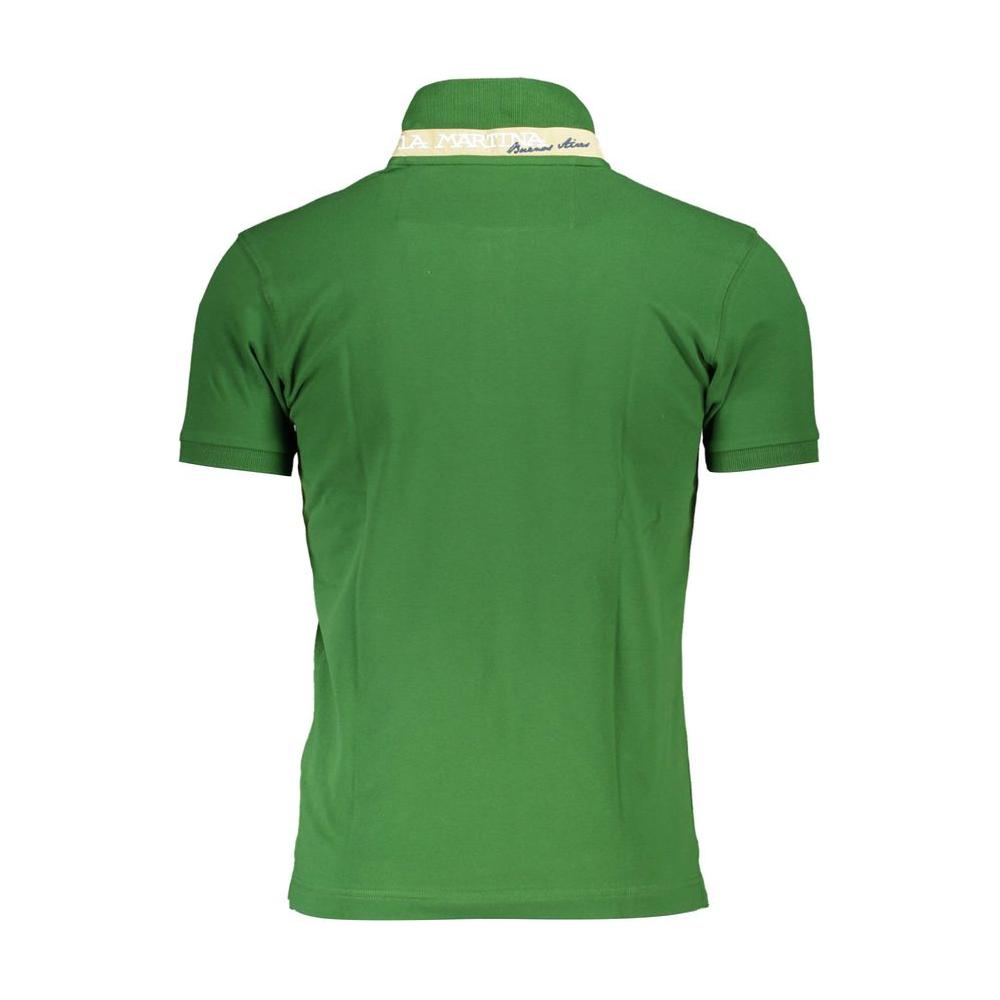 La Martina green cotton men's polo shirt, slim-fit, with logo embroidery, back view, short sleeves, comfortable and stylish.