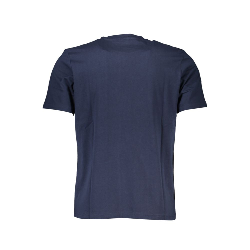 Back view of North Sails blue short-sleeved cotton T-shirt with crew neck and logo print.