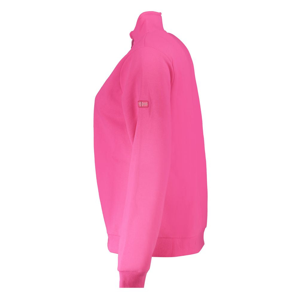 Norway 1963 pink cotton women's sweater with embroidery and logo, side view of long sleeve casual chic design.