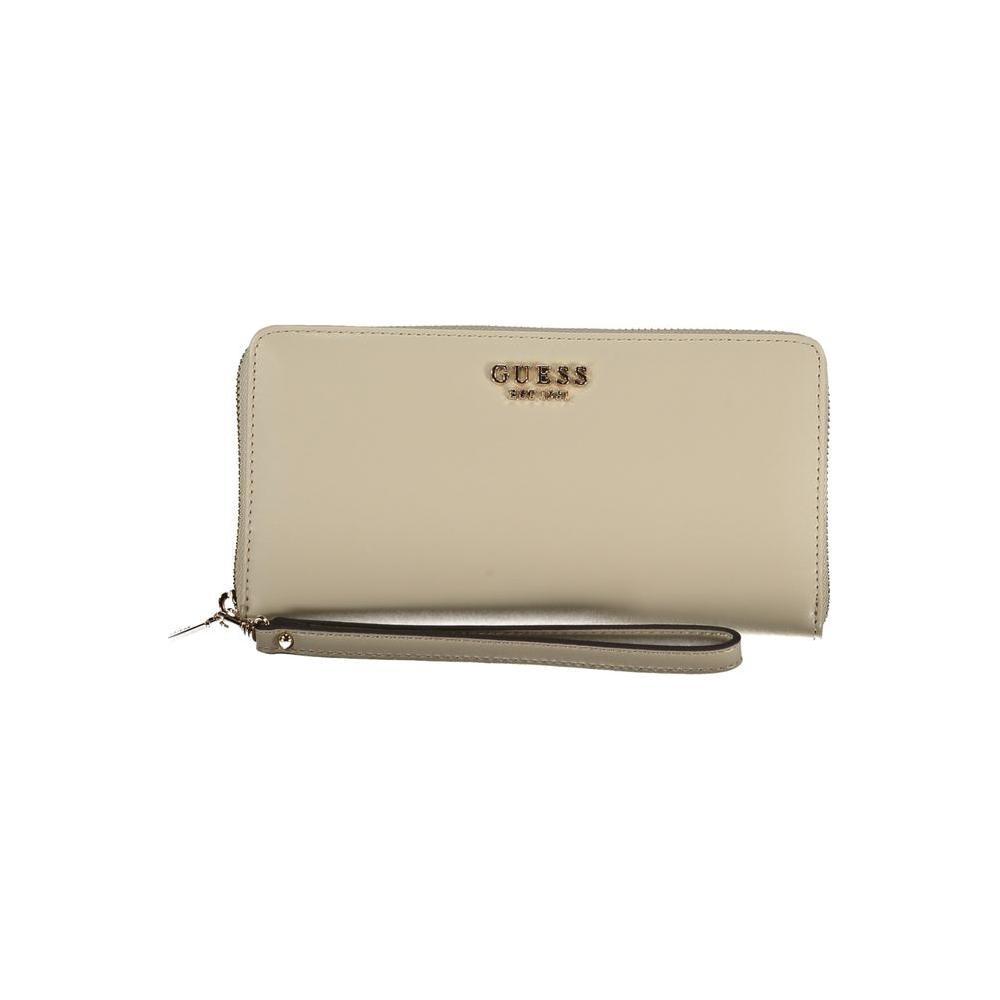 Guess Jeans beige polyethylene wallet with zip closure, dual compartments, and logo detail, ideal for cards and coins.