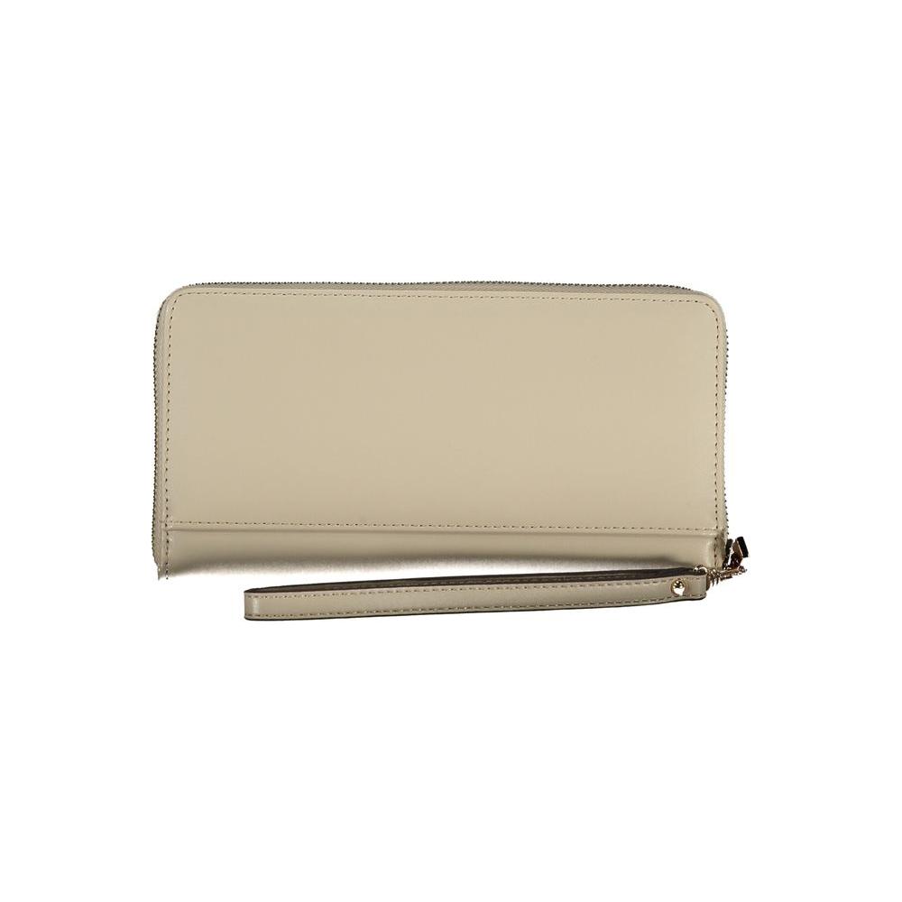Beige Polyethylene Wallet with Zip Closure, Double Card Spaces, and Coin Purse. Features Removable Drawer and Logo Design.