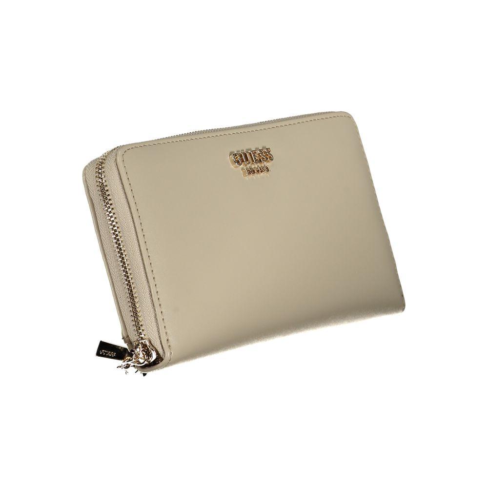 Beige Guess Jeans wallet with two compartments, coin purse, double card spaces, zip closure, removable drawer, and logo.