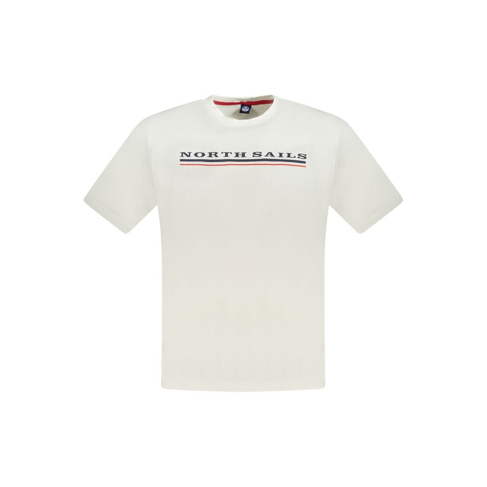 North Sails white cotton men's t-shirt with logo and crew neck, featuring short sleeves and bold print design for modern style.