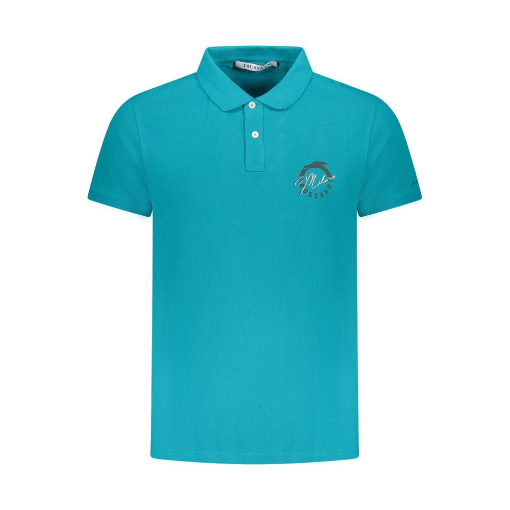 Trussardi light blue cotton men's polo shirt with short sleeves and two-button placket, featuring bold logo print for stylish comfort.
