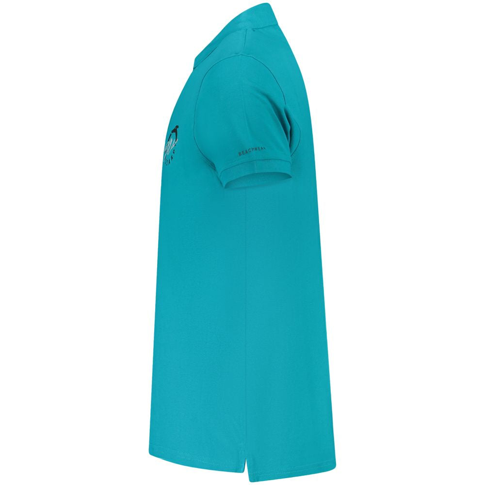 Side view of Trussardi light blue cotton men’s polo shirt with logo print and two-button placket, showcasing short sleeves and sleek design.