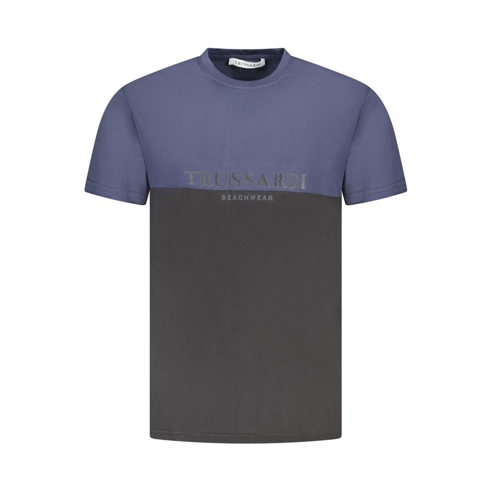 Trussardi blue cotton men's T-shirt, short sleeve, two-tone crew neck with bold contrasting details and logo print, stylish fashion top
