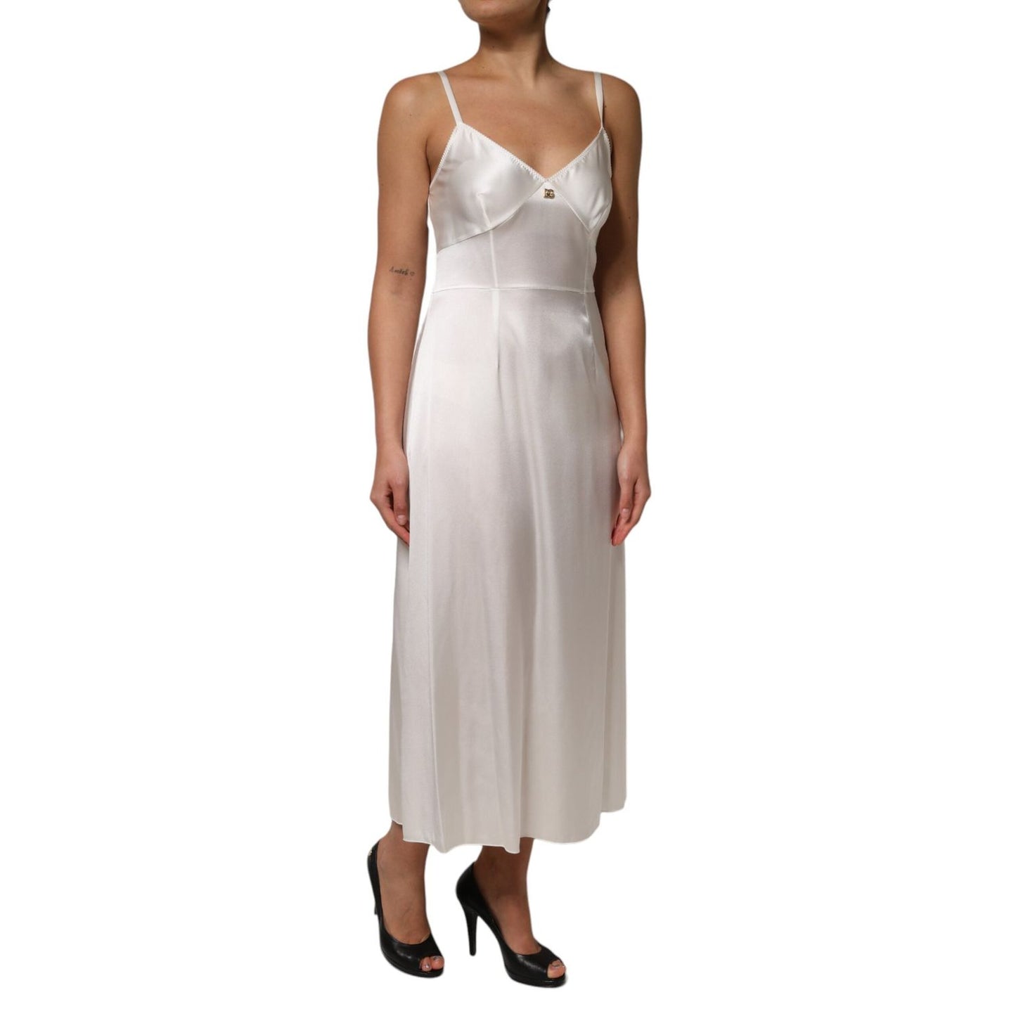 Dolce & Gabbana White DG Logo Full Slip Silk Dress Sleepwear DR81791-46
