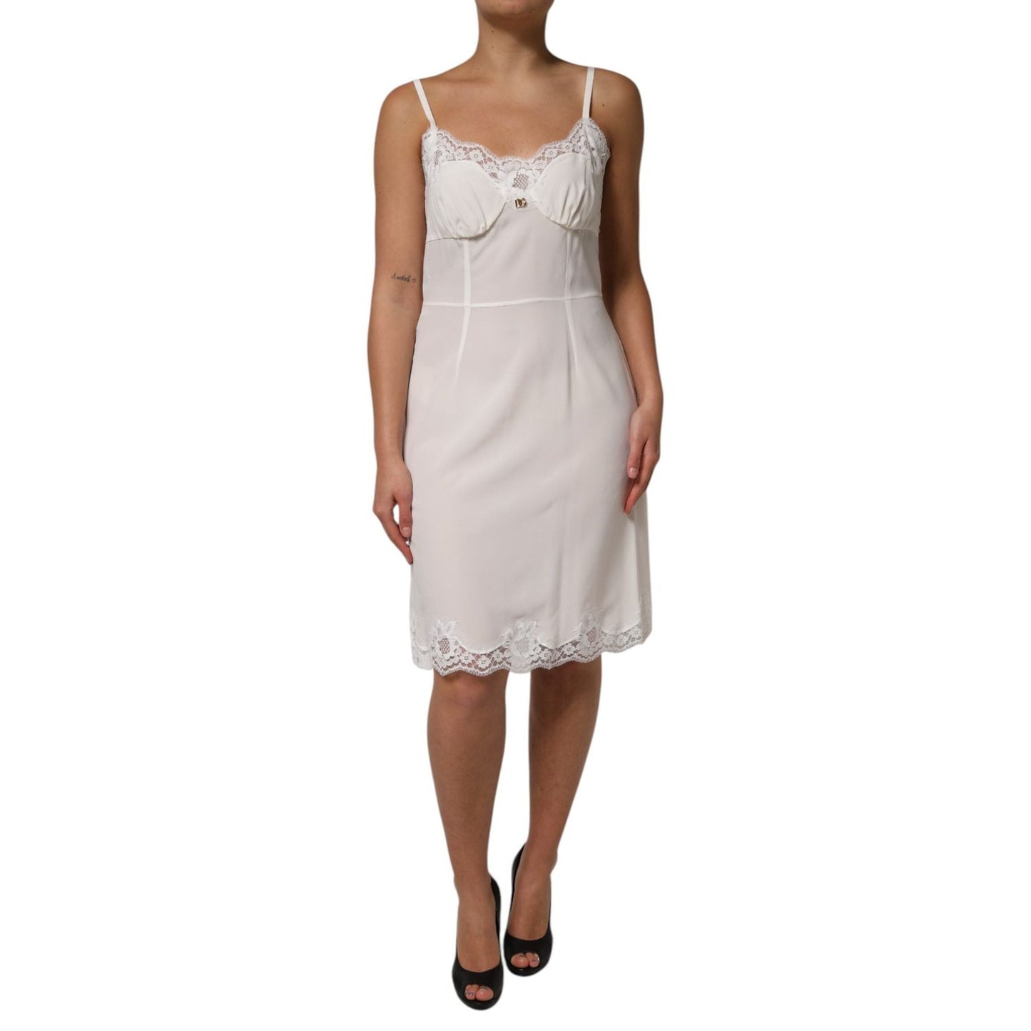 Dolce & Gabbana White Lace Gold DG Logo Silk Dress Sleepwear DR81798-46