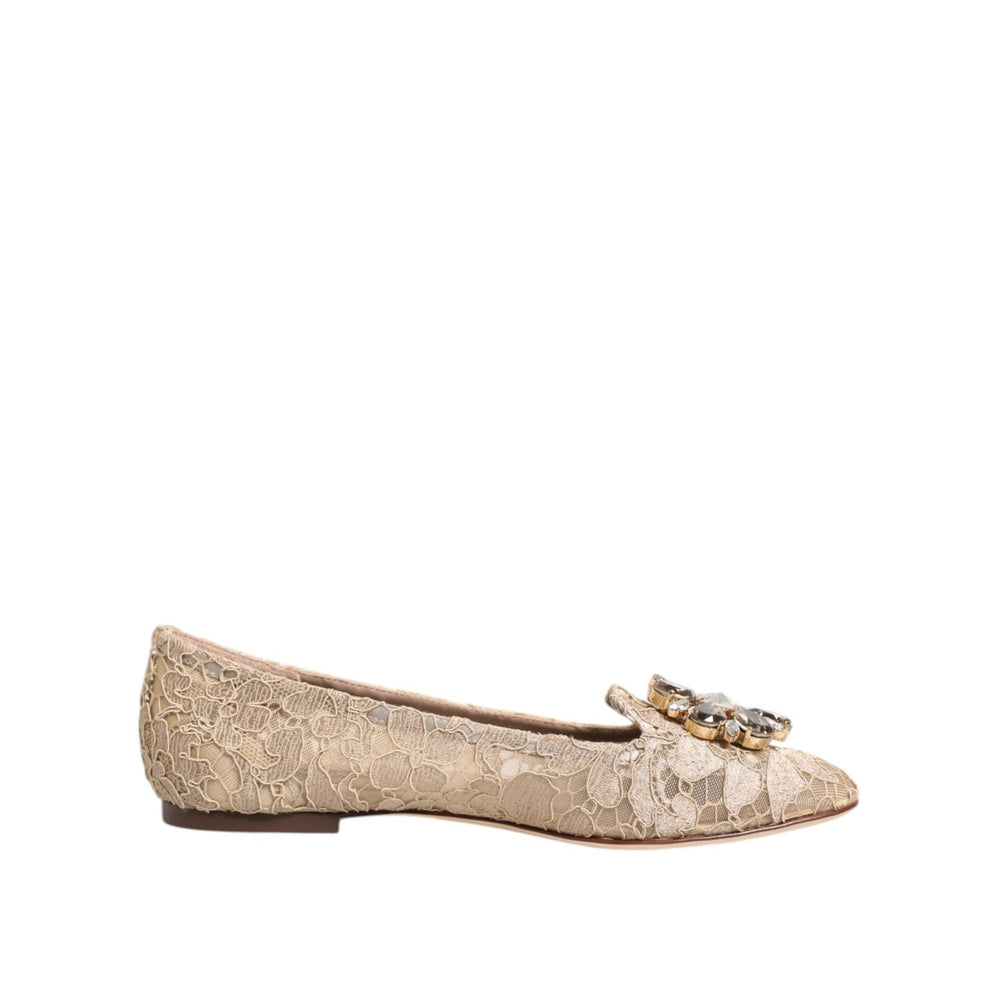 Dolce & Gabbana Ivory Taormina Lace Crystals Flats Shoes LA12822-36