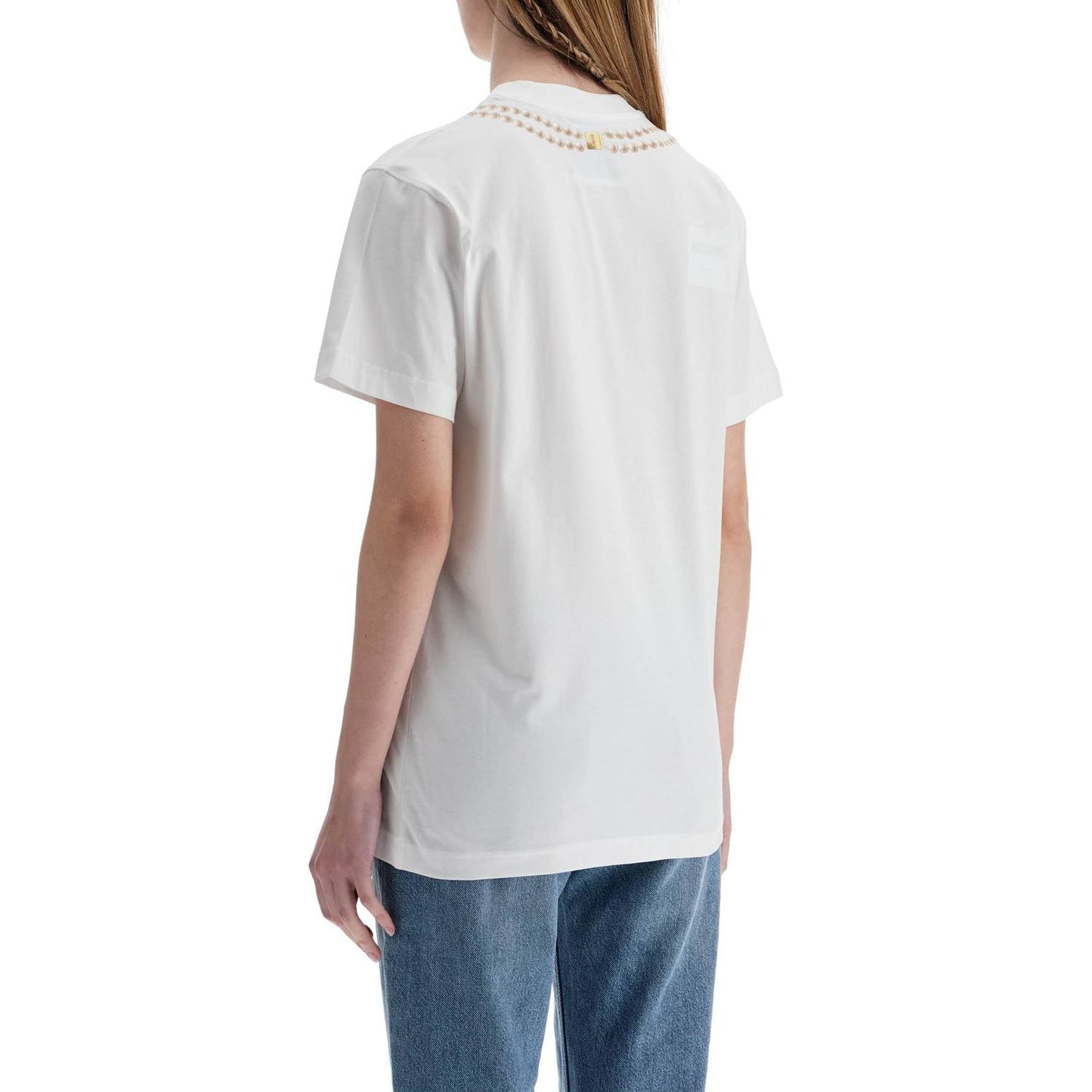 Moschino white cotton t-shirt with croissant and pearls print Topwear Moschino Light Gray