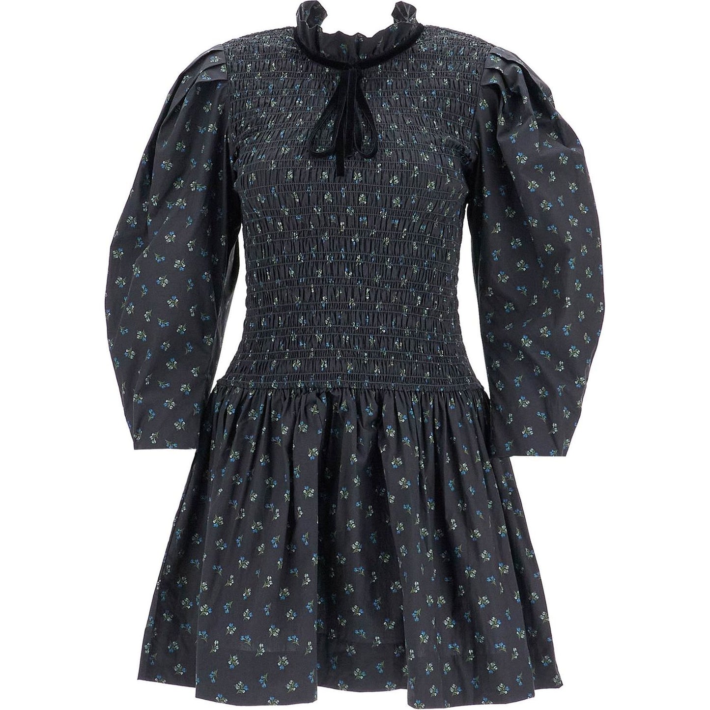 Ganni printed cotton smock mini dress Dresses Ganni Dark Slate Gray