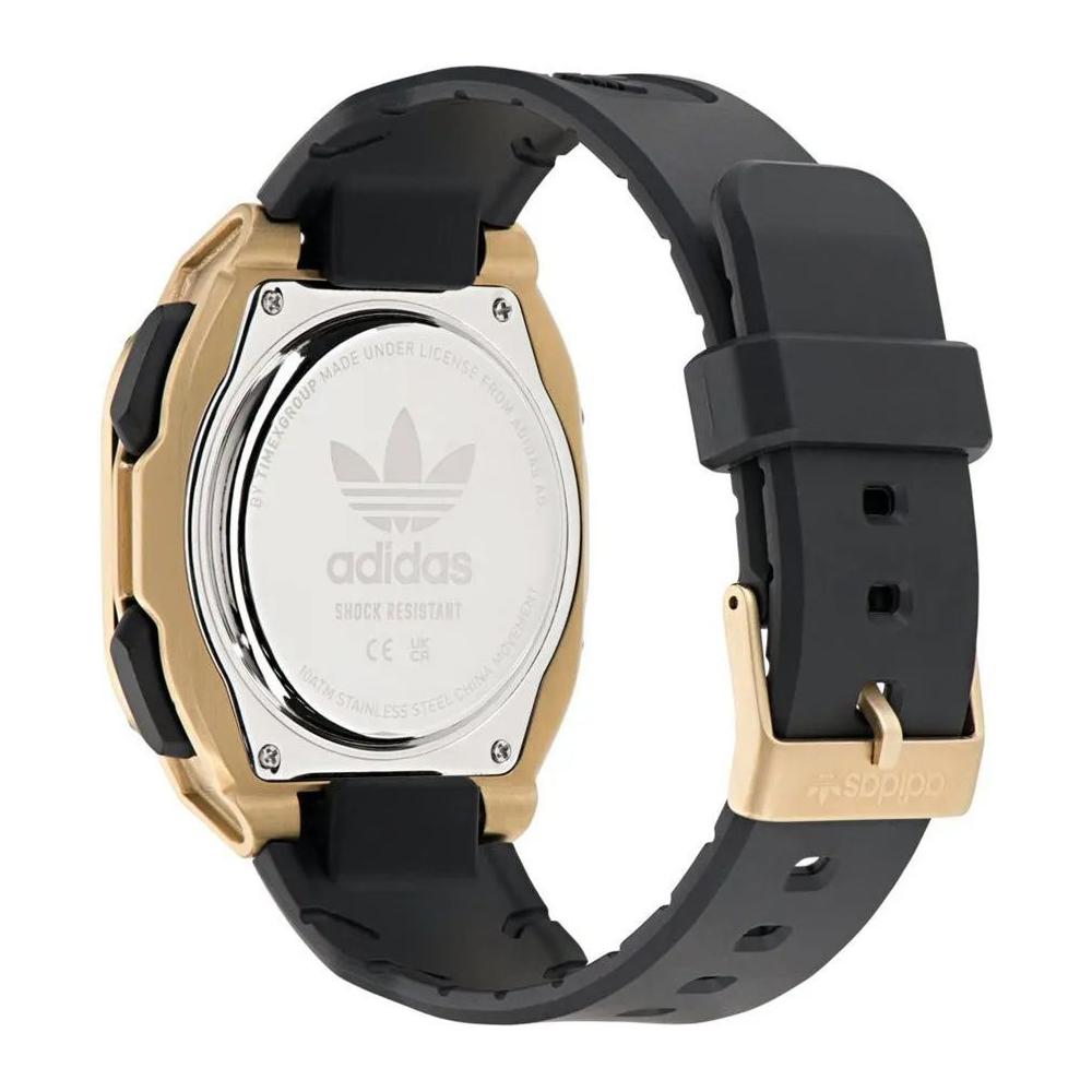 Adidas Black Synthetic Watch with gold case, black silicone bracelet, quartz mechanism, analog/digital display, and 10ATM water resistance.
