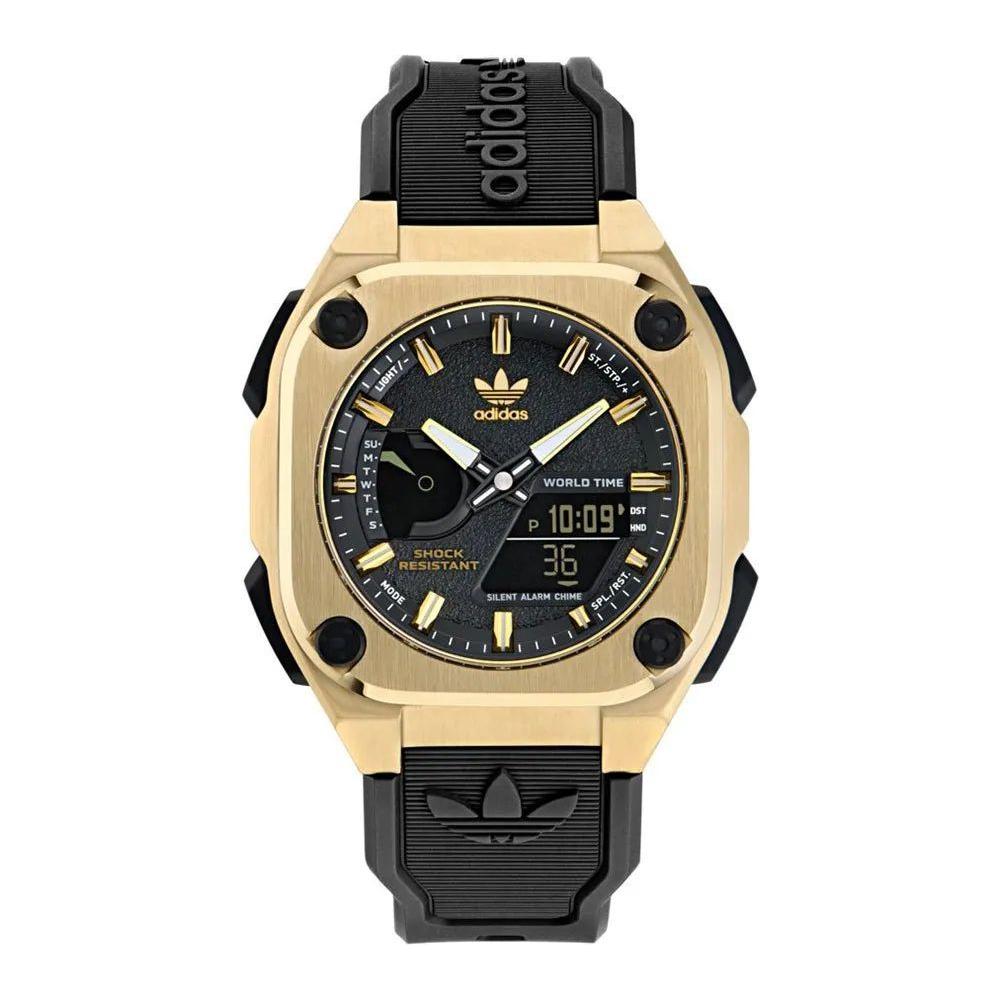 Adidas black synthetic watch with golden stainless steel case, black silicone bracelet, quartz mechanism, analog/digital display, 10ATM water resistance, 45mm dial.