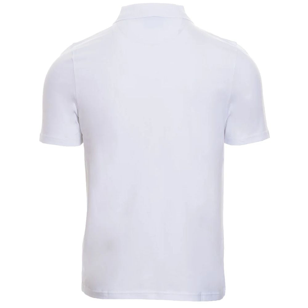 Back view of Alpha Studio white cotton polo shirt with short sleeves and three-button collar.