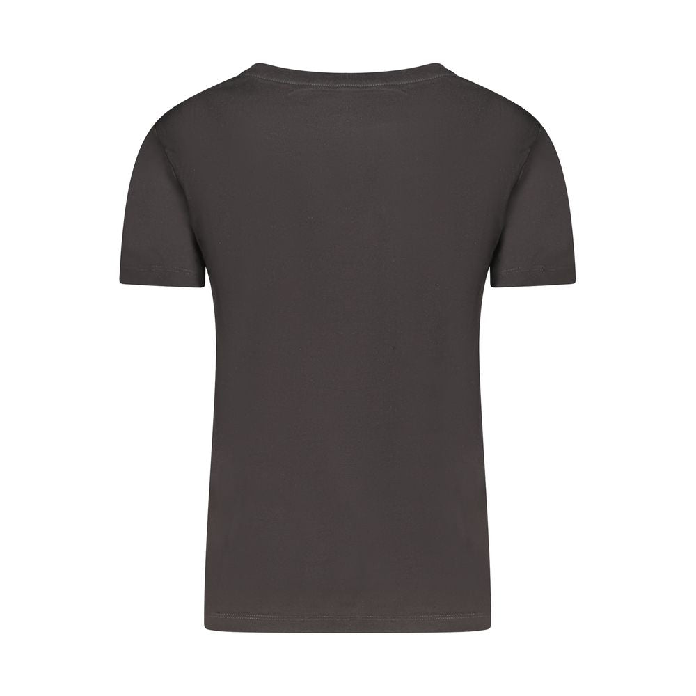 Back view of a Calvin Klein black cotton women's t-shirt with short sleeves and a crew neck design.