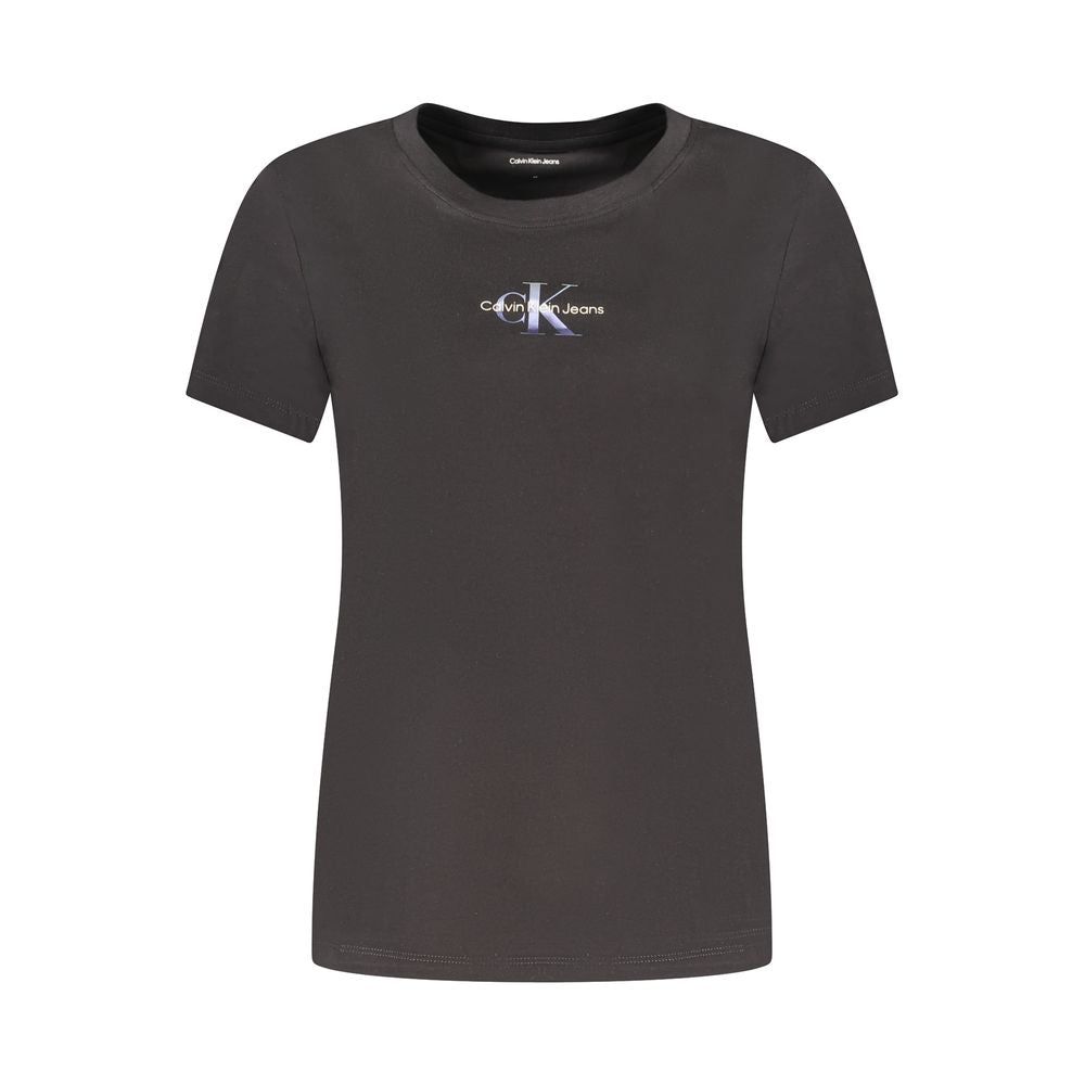 Calvin Klein black cotton women's t-shirt with iridescent logo, slim-fit and short-sleeve, for modern elegance and comfort.