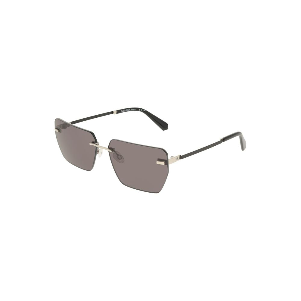 Calvin Klein gray metal sunglasses with square lenses and black temples, modern and stylish eyewear for men and women.