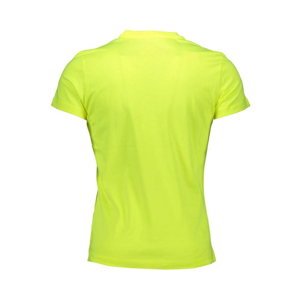Back view of a vibrant diesel yellow cotton men's t-shirt, showcasing a bold print and iconic logo, ideal for a standout casual look.