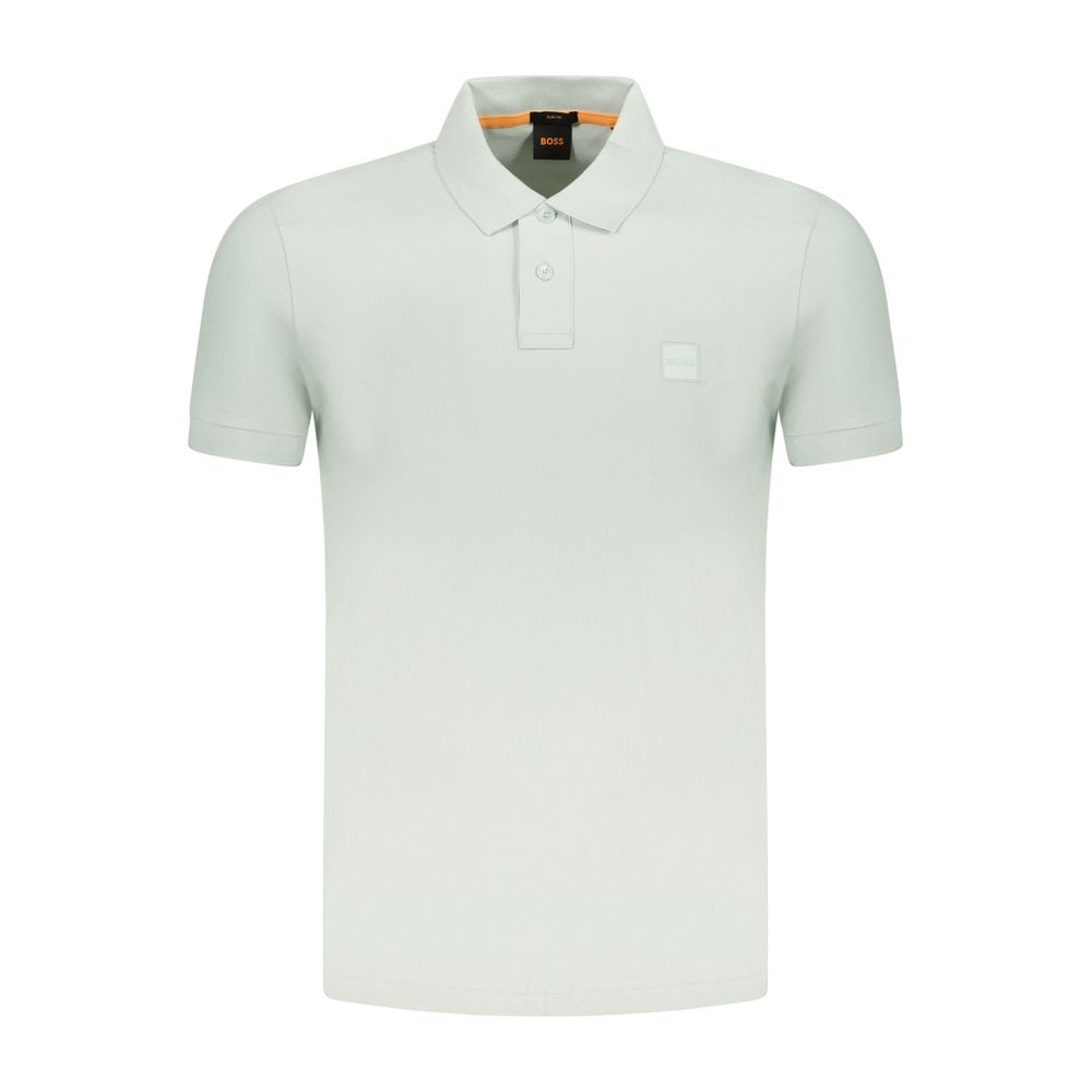 Hugo Boss green cotton polo shirt for men, slim fit with two-button placket, featuring an embroidered logo, perfect for stylish comfort.