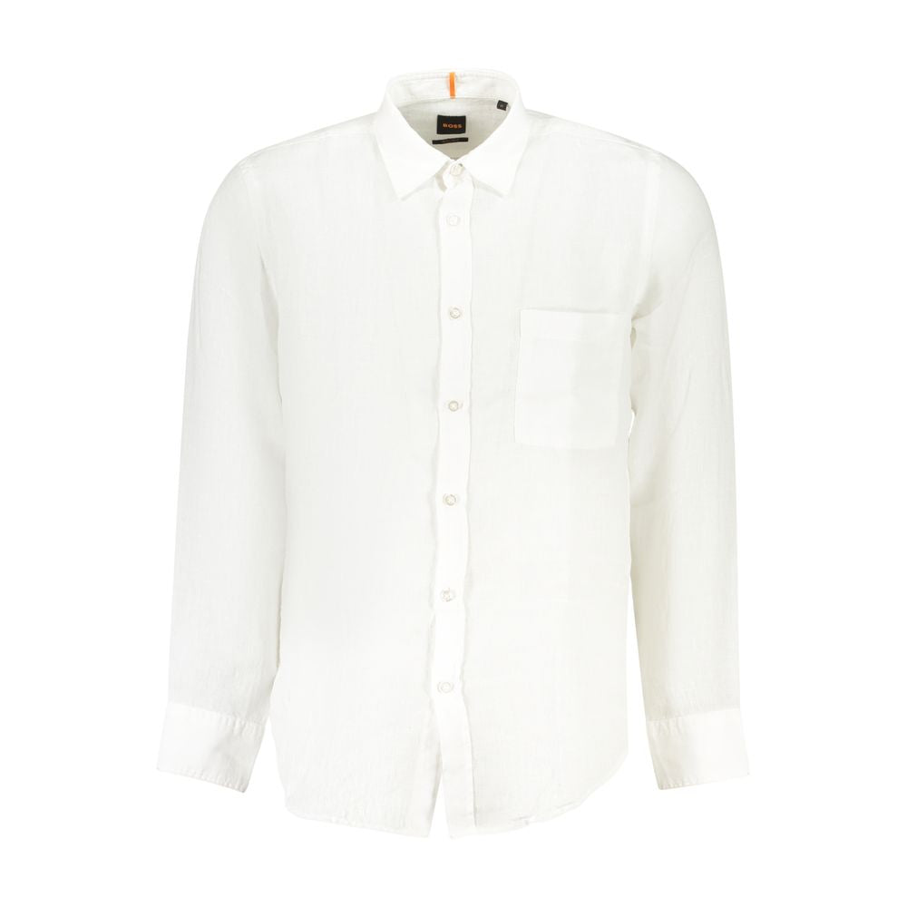 Hugo Boss white linen men’s shirt with button-down collar and 2-button cuffs, showcasing modern style and timeless elegance.