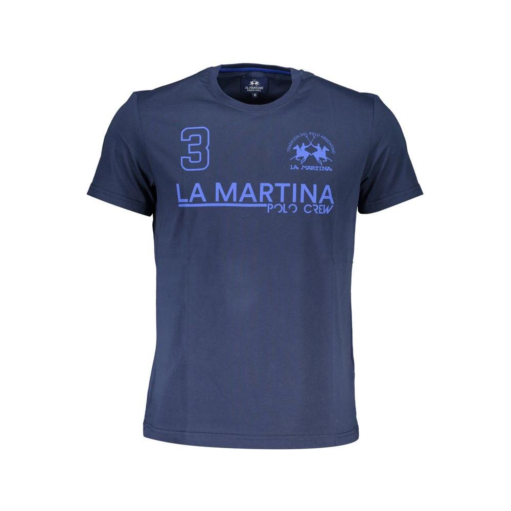 La Martina blue cotton men's T-shirt with bold print and logo, featuring a crew neck and short sleeves for contemporary elegance.