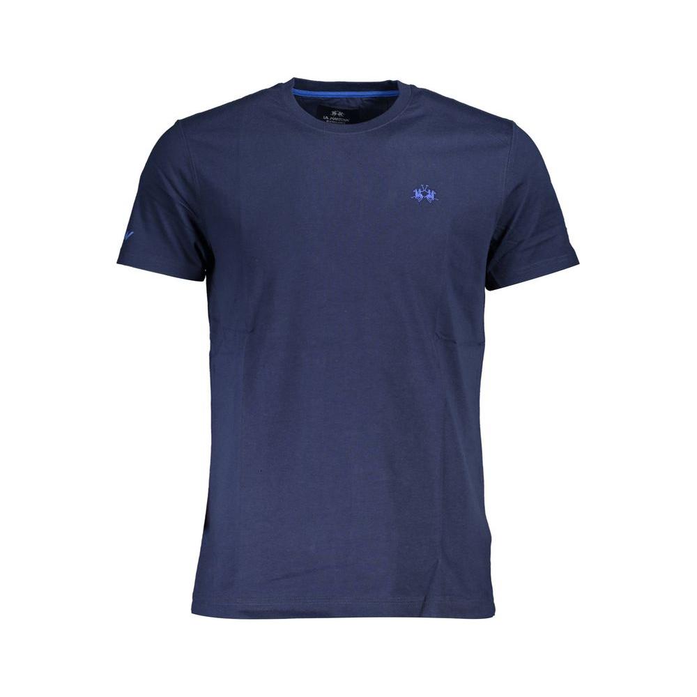 La Martina blue cotton men's T-shirt with logo embroidery, short sleeves, regular fit, classic charm, front view