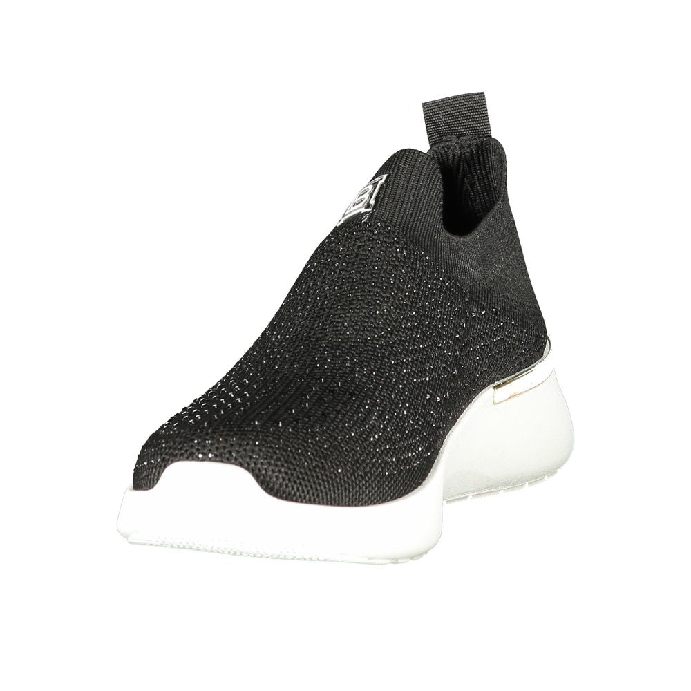 Laura Biagiotti black polyester women sneaker with rhinestones and embroidery, featuring a sleek design and removable insole.