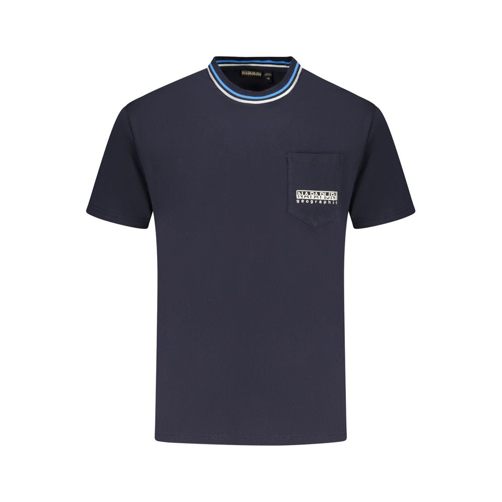 Napapijri blue cotton t-shirt with short sleeves, relaxed fit, crew neck, one pocket, contrasting details, and embroidered logo.
