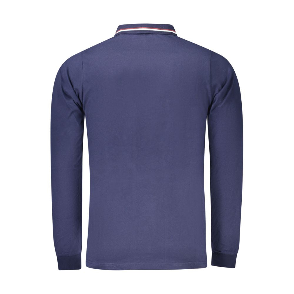 Back view of Norway 1963 blue cotton men's long sleeve polo shirt with contrasting collar detail.