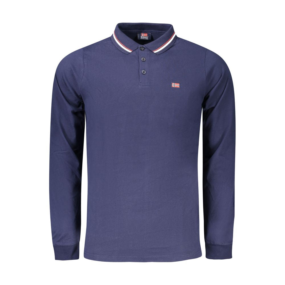 Norway 1963 blue cotton men’s polo shirt with long sleeves, featuring contrasting details and embroidery, classic and modern design.
