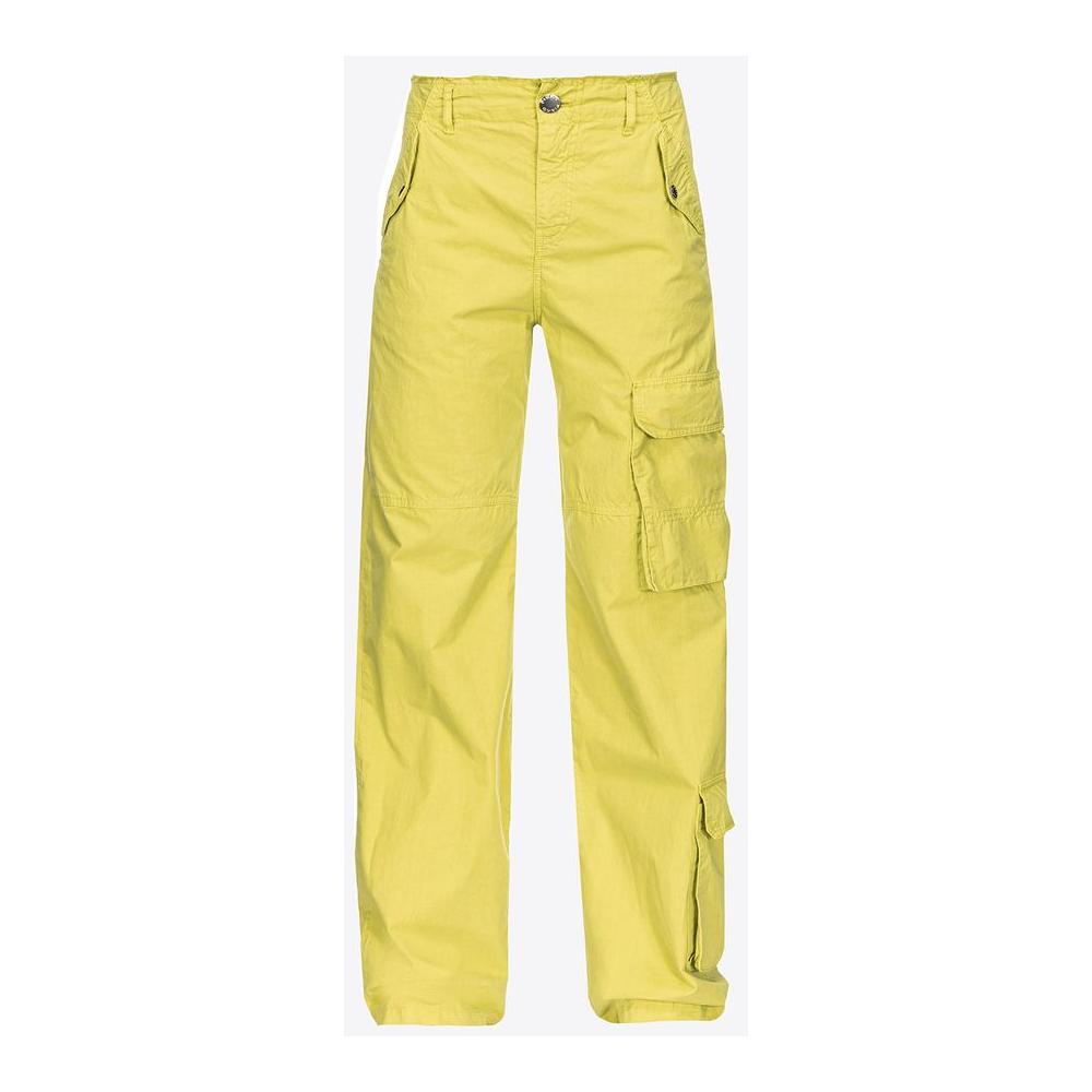 PINKO green cotton cargo pants with 5-pocket design, featuring three front pockets and two back with button and zipper closure.