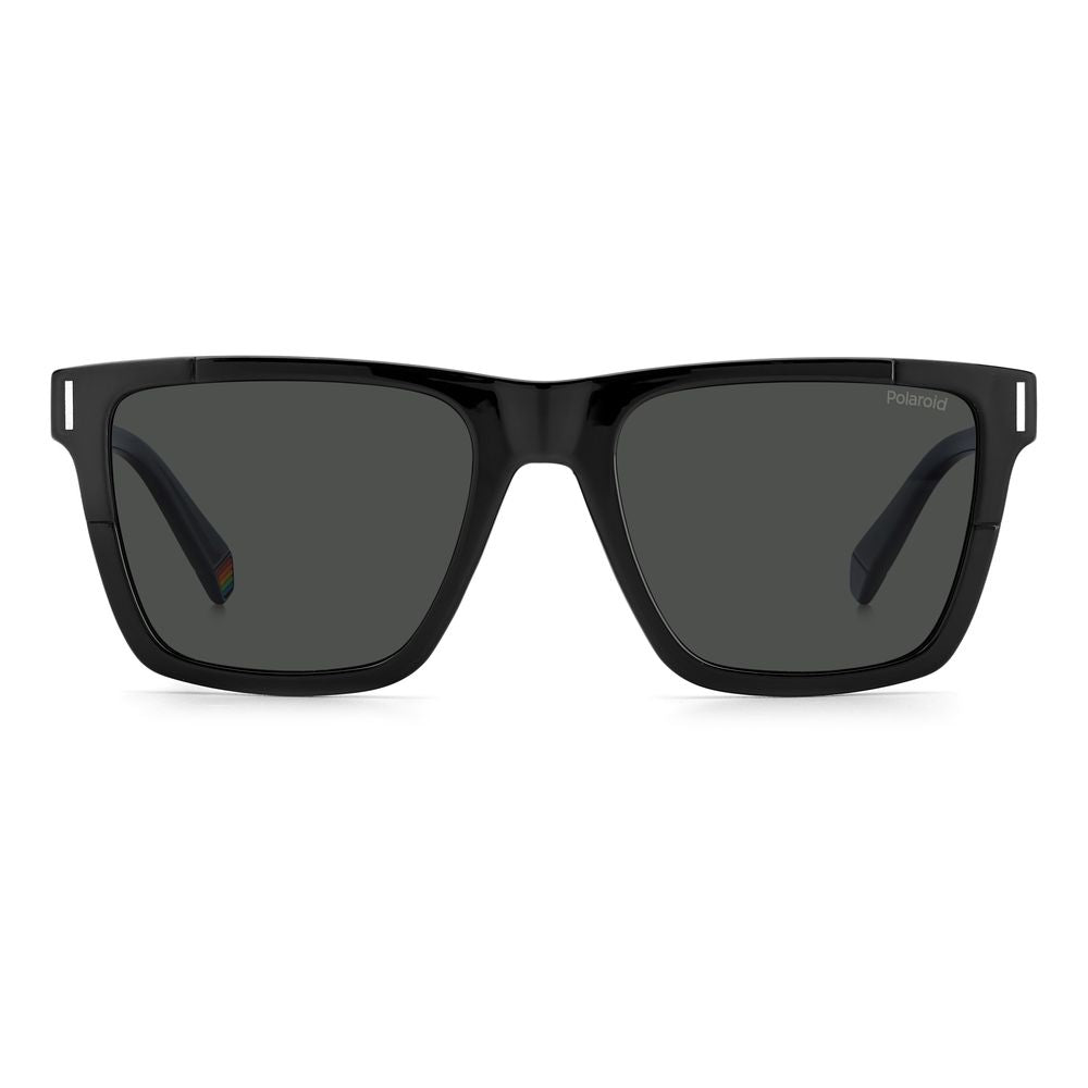 Polaroid black plastic sunglasses with polarized gray lenses, square mount, and metal rivets, size 54/19/145 mm.