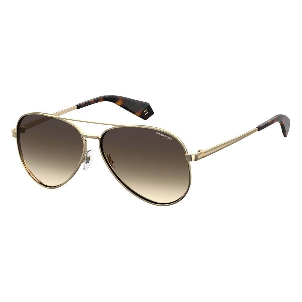Polaroid gold metal aviator sunglasses with brown polarized lenses, model PLD6069SXJ5GL, elegant design for women.