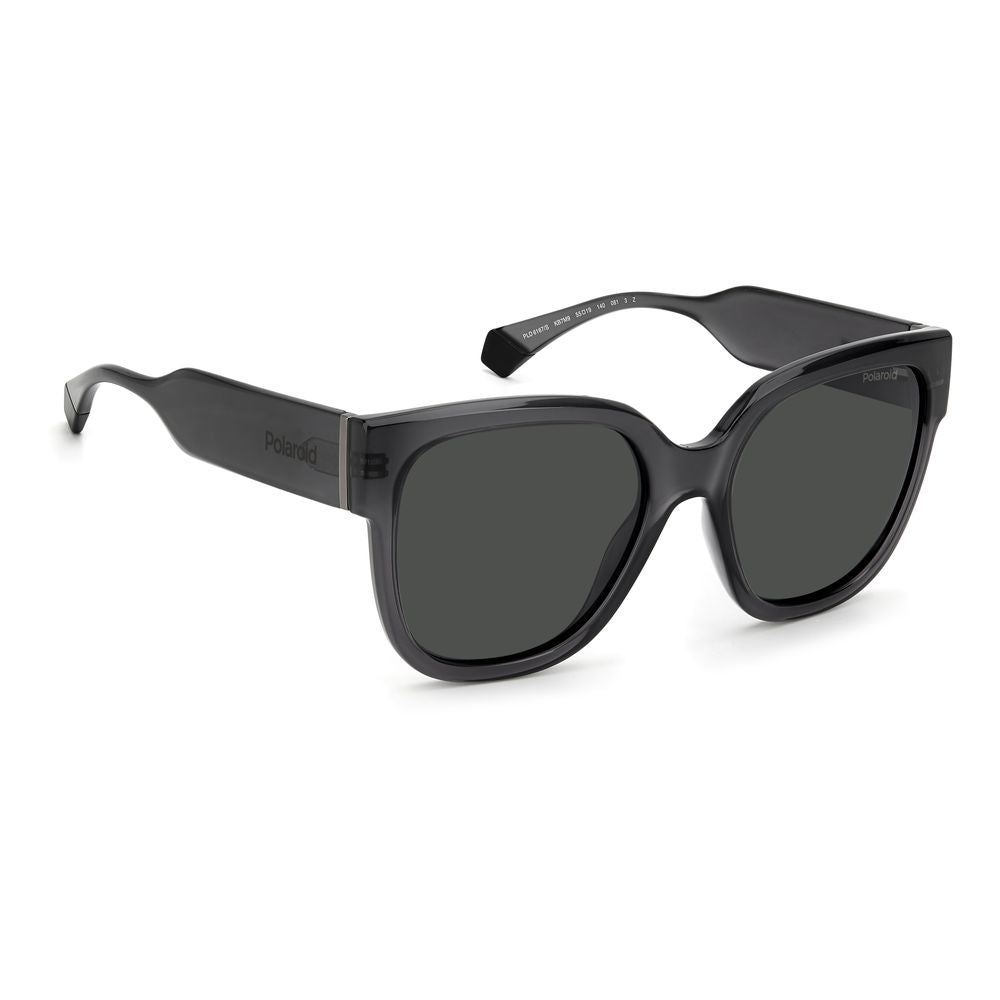 Polaroid gray plastic women's sunglasses with large square frame and polarized lenses, featuring colorful rod details.