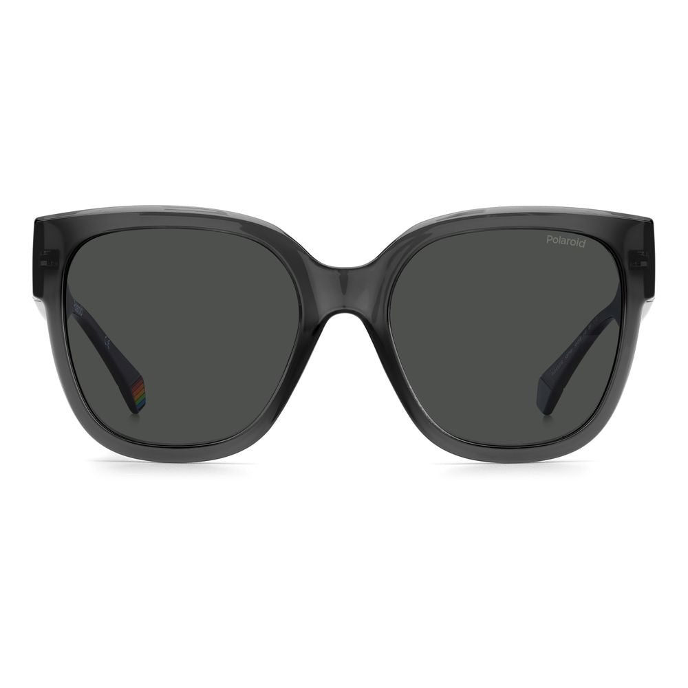 Polaroid gray plastic sunglasses for women with large square frames and rainbow-accented temples, polarized lenses, 55/19/140 mm size.