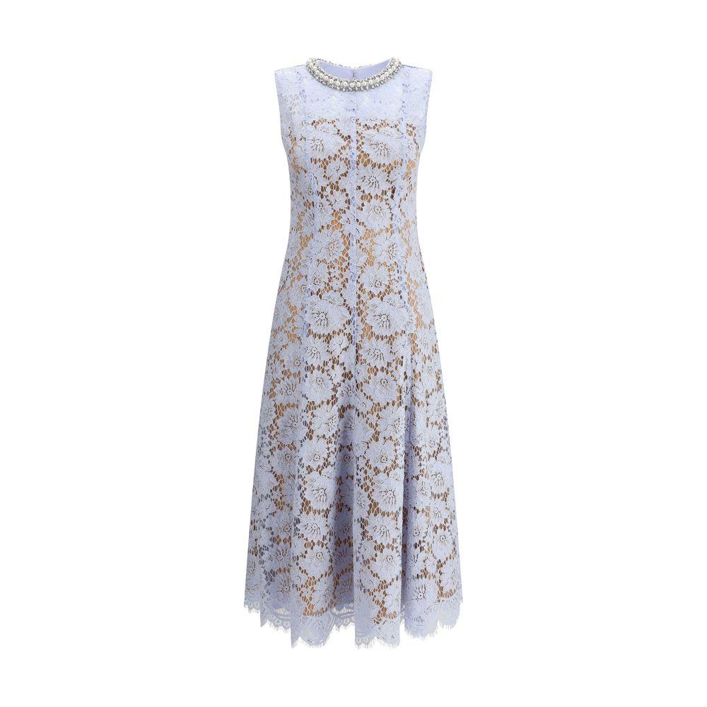 Self-Portrait lace midi dress with pearl choker, floral pattern, sleeveless, elegant for ceremonies and events.