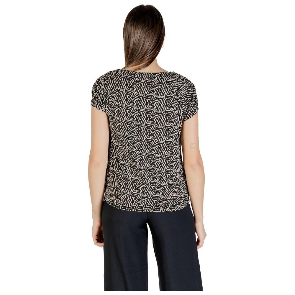 Back view of Street One black viscose shirt with short sleeves and printed design, perfect for versatile styling. Comfortable and lightweight.