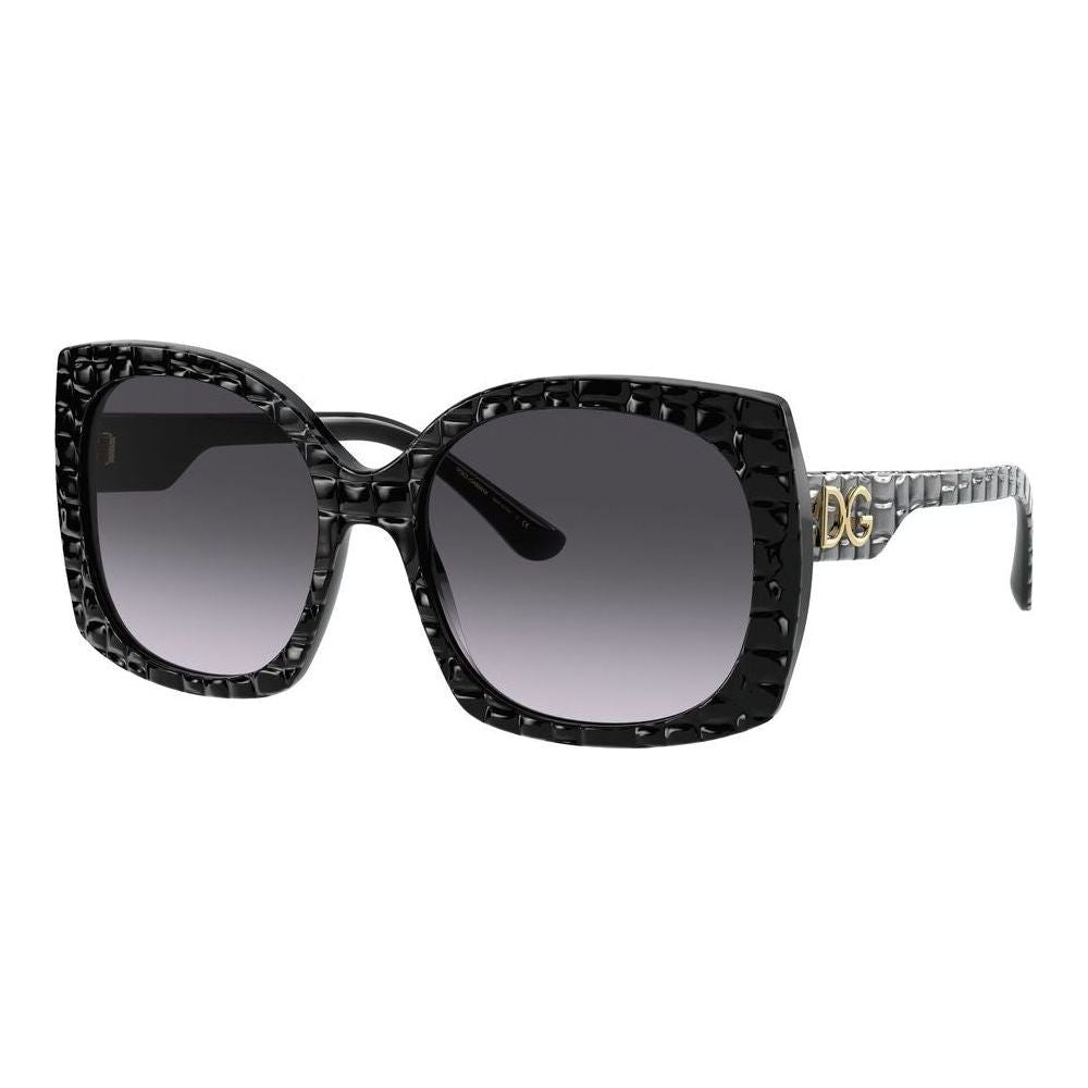 DOLCE & GABBANA MOD. PRINT FAMILY DG 4385 sunglasses for ladies, black acetate frame with DG logo, elegant fashion eyewear.