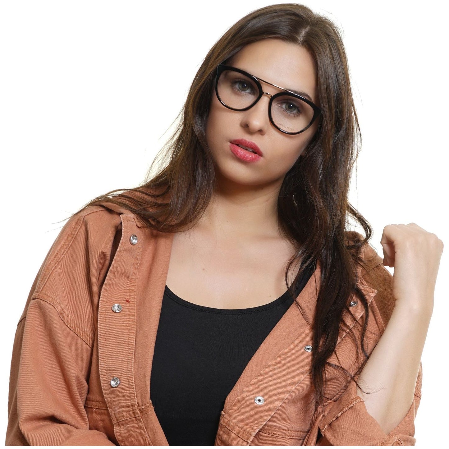 Woman wearing Emilio Pucci EP5072 glasses, peach jacket, and black top, showcasing stylish eyewear for ladies.